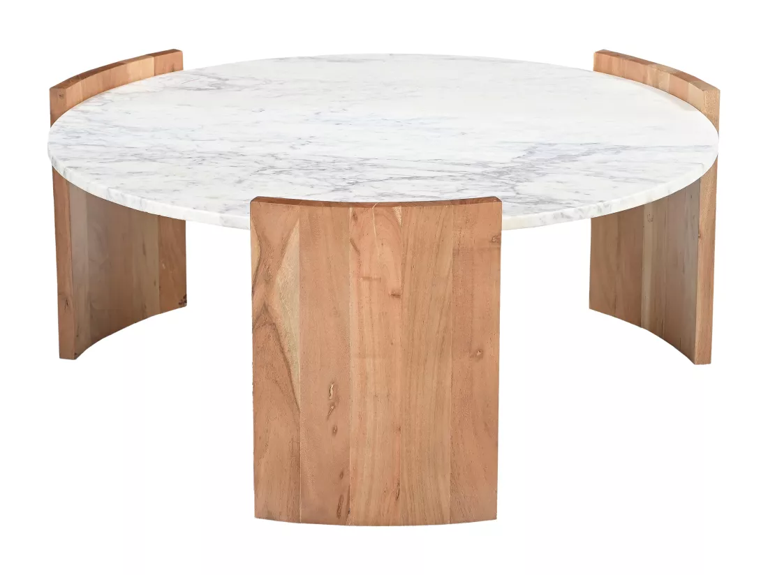 Table basse en marbre et bois de manguier - Blanc et Naturel clair - KAILA