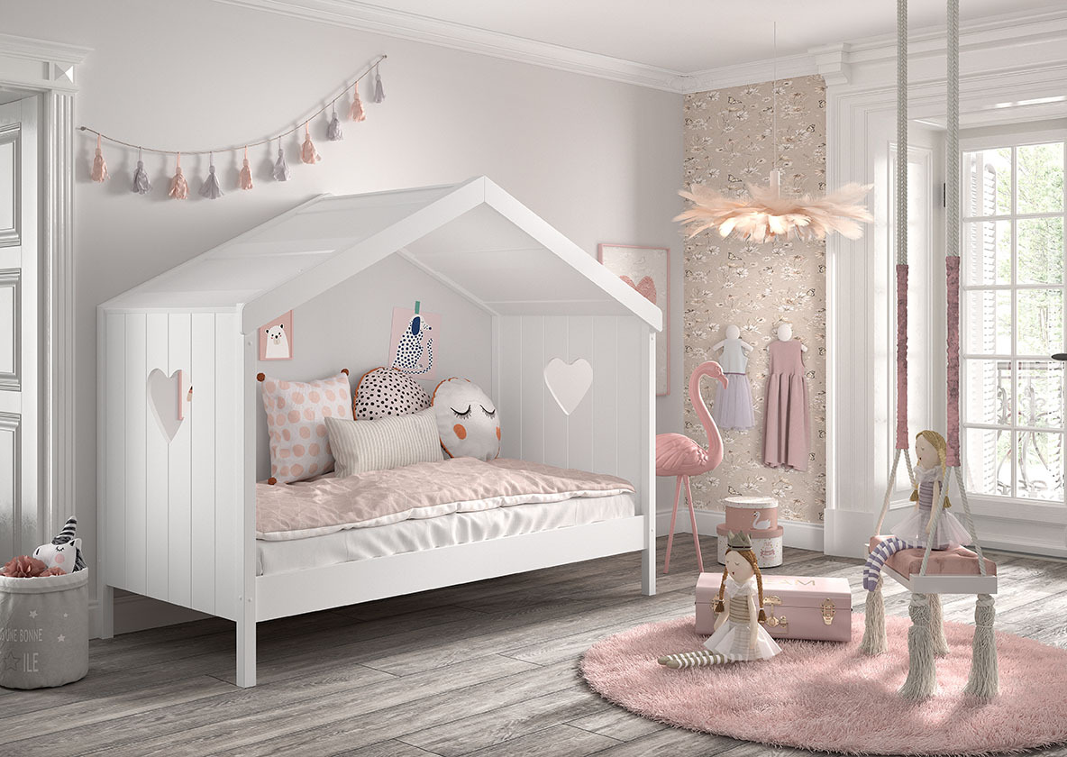 Hausbett AMORI - weiß - teilmassiv - Dachaufbau - 90x200 cm