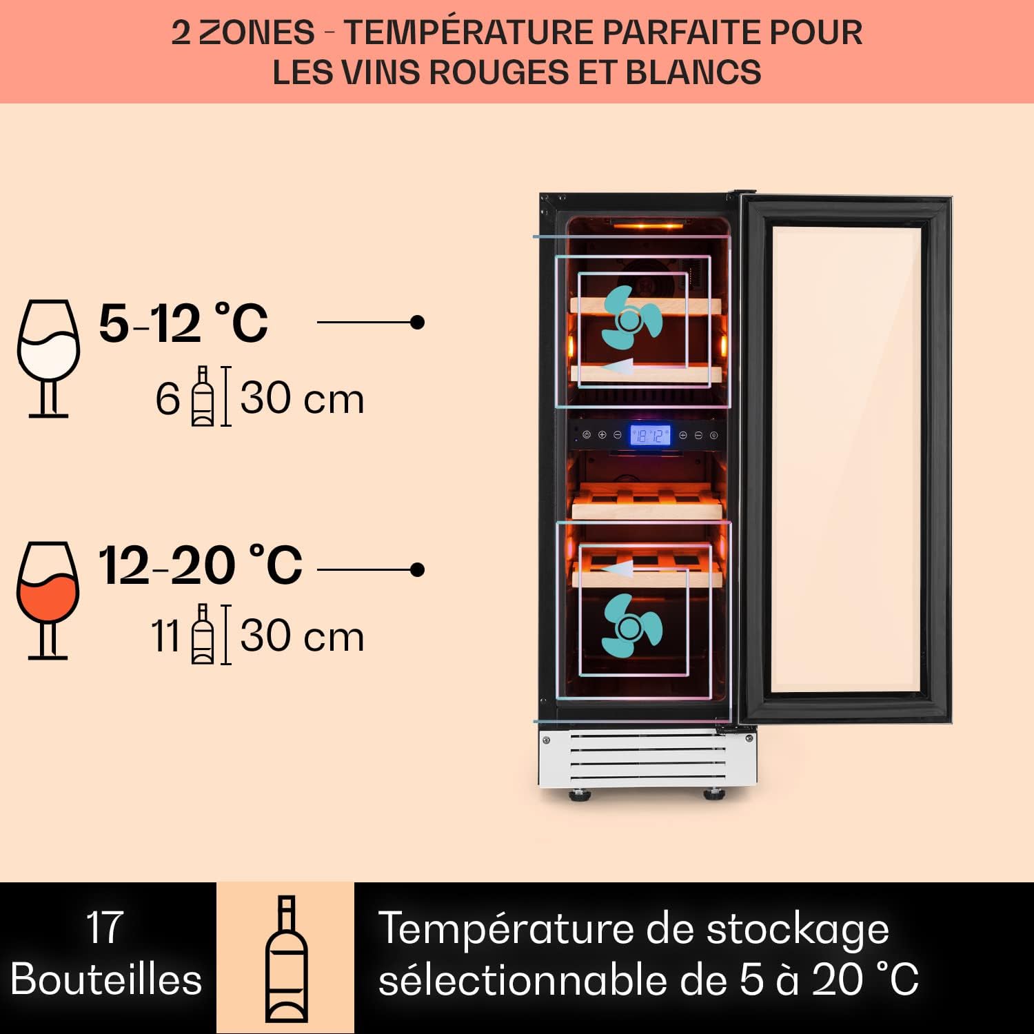 KLARSTEIN Cave a Vin Encastrable, Caves à Vin de 53L avec une Porte en Verre, Cave a Vins à Double Zone, Bar Intérieur/Extérieur, Frigo Vin, Cave a Vin de Vieillissement, Cave à Vin 17 Bouteilles