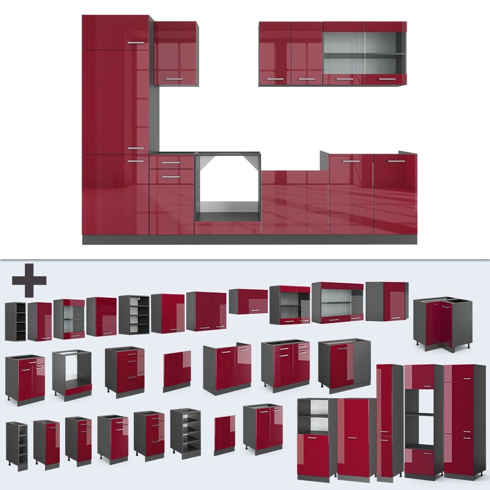 VICCO KÜCHE R-LINE 300 CM KÜCHENZEILE KÜCHENBLOCK EINBAUKÜCHE ANTHRAZIT BORDEAUX HOCHGLANZ