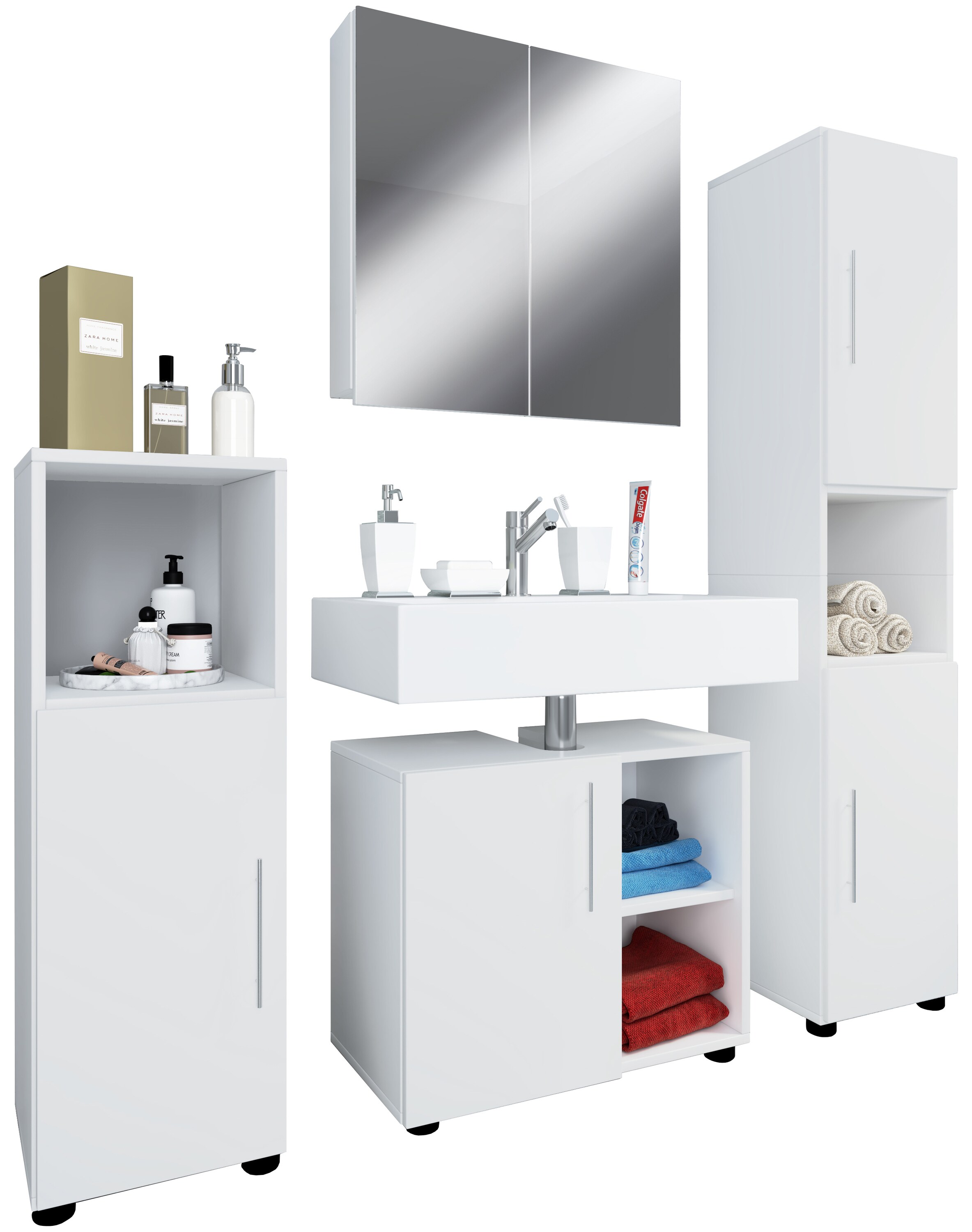 VCM 4-tlg. Badmöbel Set Komplett Badschrank Unterschrank Hochschrank Flandu Ill