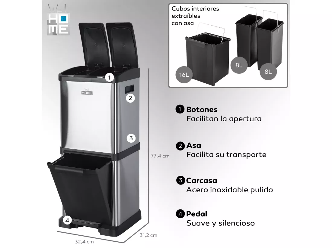 Cube de recyclage écologique 32 litres de 3 compartiments (2 sur 8 L + 1 de 16 L), Cubes de recyclage / recyclage des ordures, grande capacité, pour papier 32,5 x 32,5 x 7