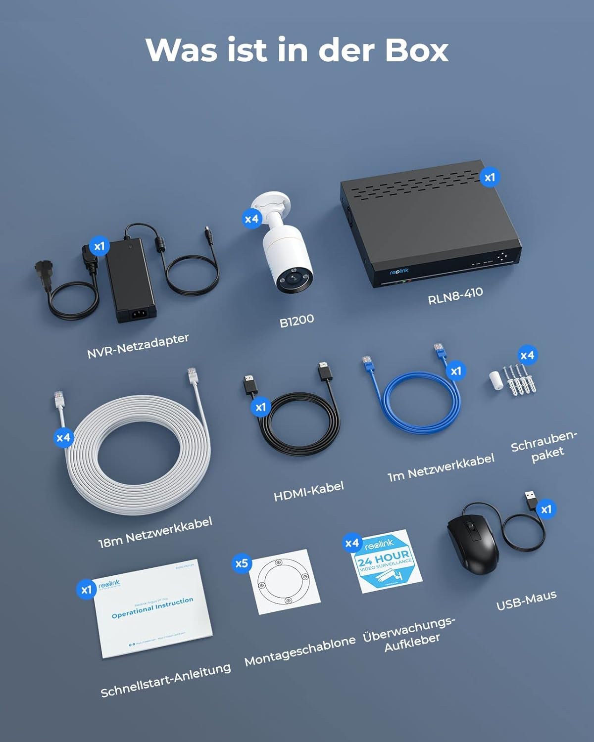 Reolink 12MP Überwachungskamera Set Aussen, 4X PoE IP Kamera Outdoor Innen, Spotlights, Personen-/Fahrzeugerkennung, 2-Wege-Audio, 24/7 Aufnahme, Farb-/IR-Nachtsicht, 8CH 2TB HDD NVR, RLK8-1200B4-A