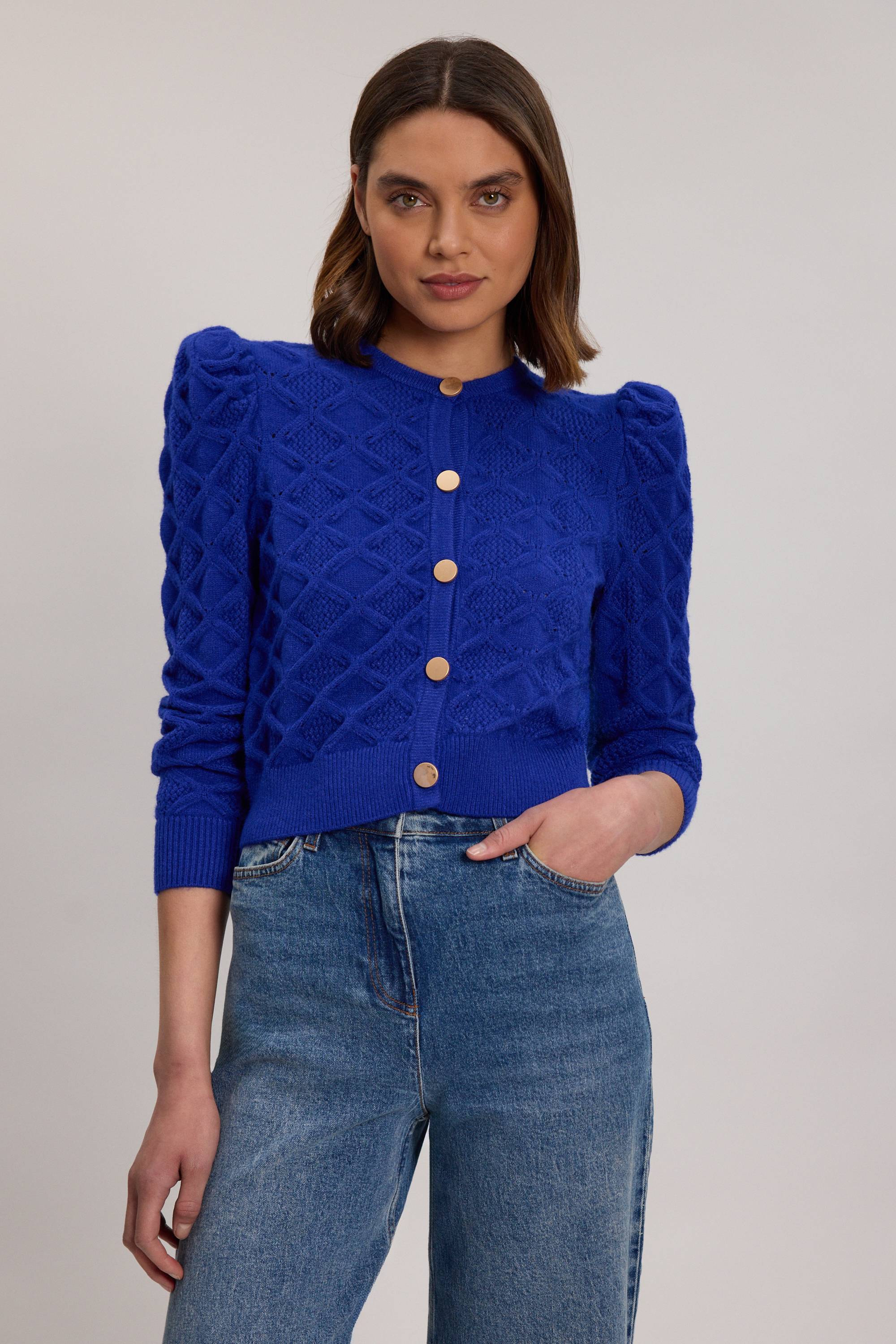 KarenMillen Cardigan en Maille à Manches Bouffantes et Motif Torsadé