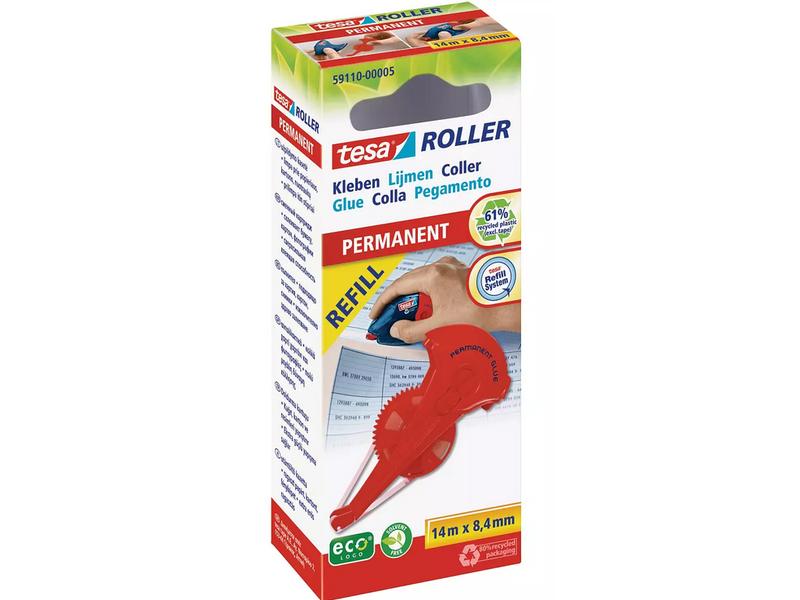 tesa Kleberoller-Set Permanent Nachfüllkassette, 5er Pack Extra starker Refill für den tesa Kleberoller, je 14 m x 8.4 mm