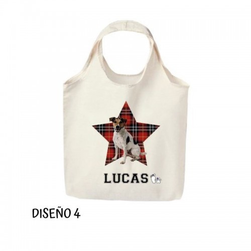 Bolsa de tecido branco com estampa de estrelas e xadrez, alça redonda, personalizável.