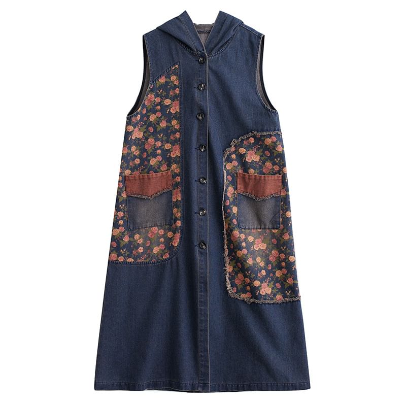 Shinobu - Gewassen denim lang vest met capuchon en bloemenprint