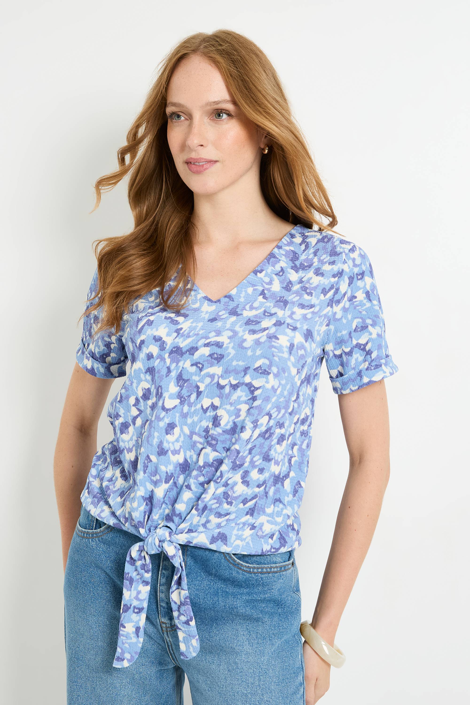 Wallis T-shirt En Jersey Imprimé Abstrait Avec Détail Noué Et Col En V