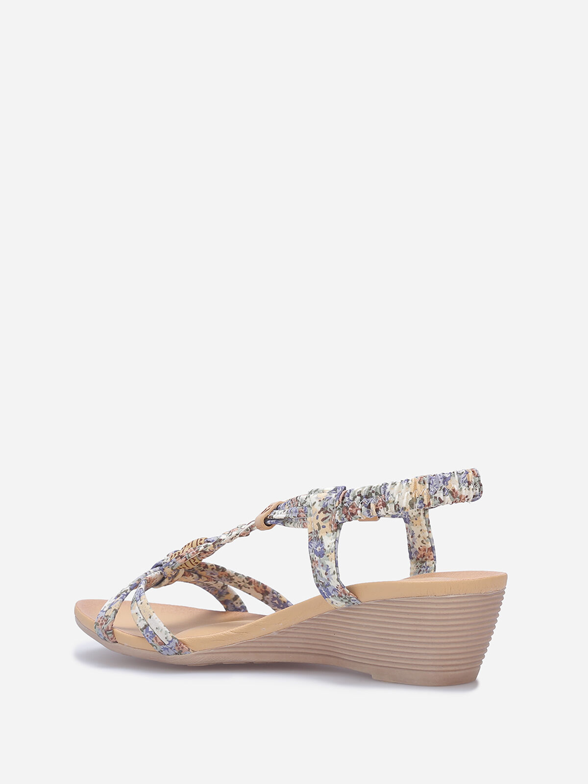 Sandales compensées à perles effet bois- Bleu / Beige