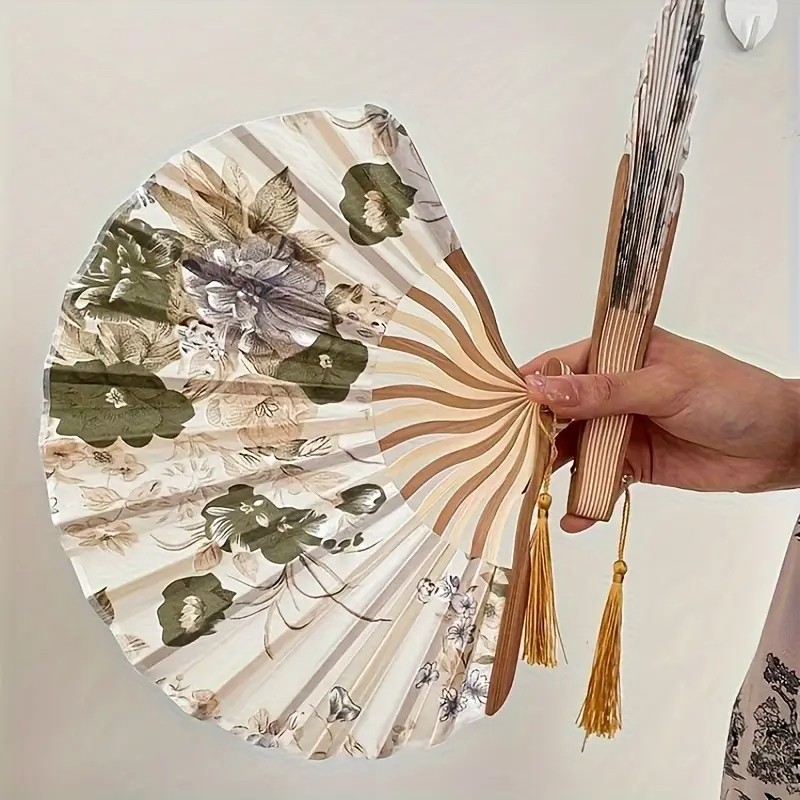 Bambus Fächer Faltbarer Handfächer Sommer Fan mit Quasten Anhänger Blumen mit Aufbewahrungstasche - Grau