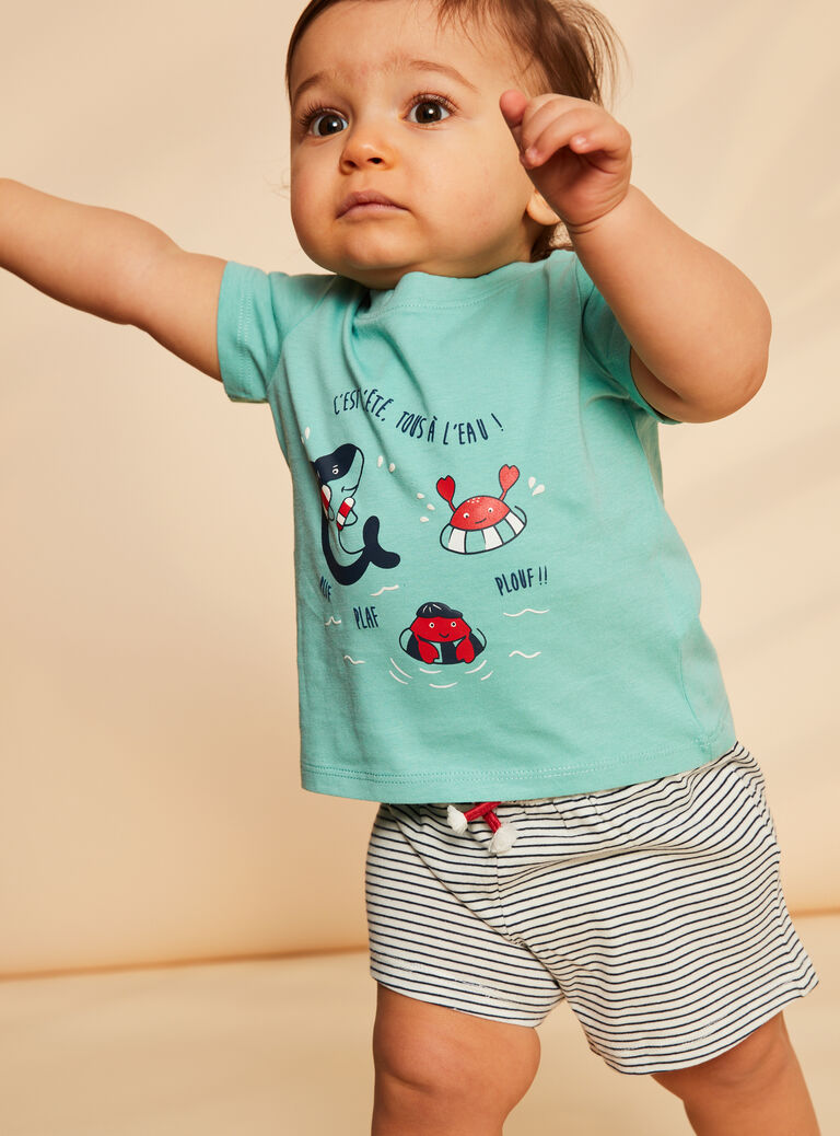 T-shirt et short vert d'eau, bleu marine et blanc en jersey