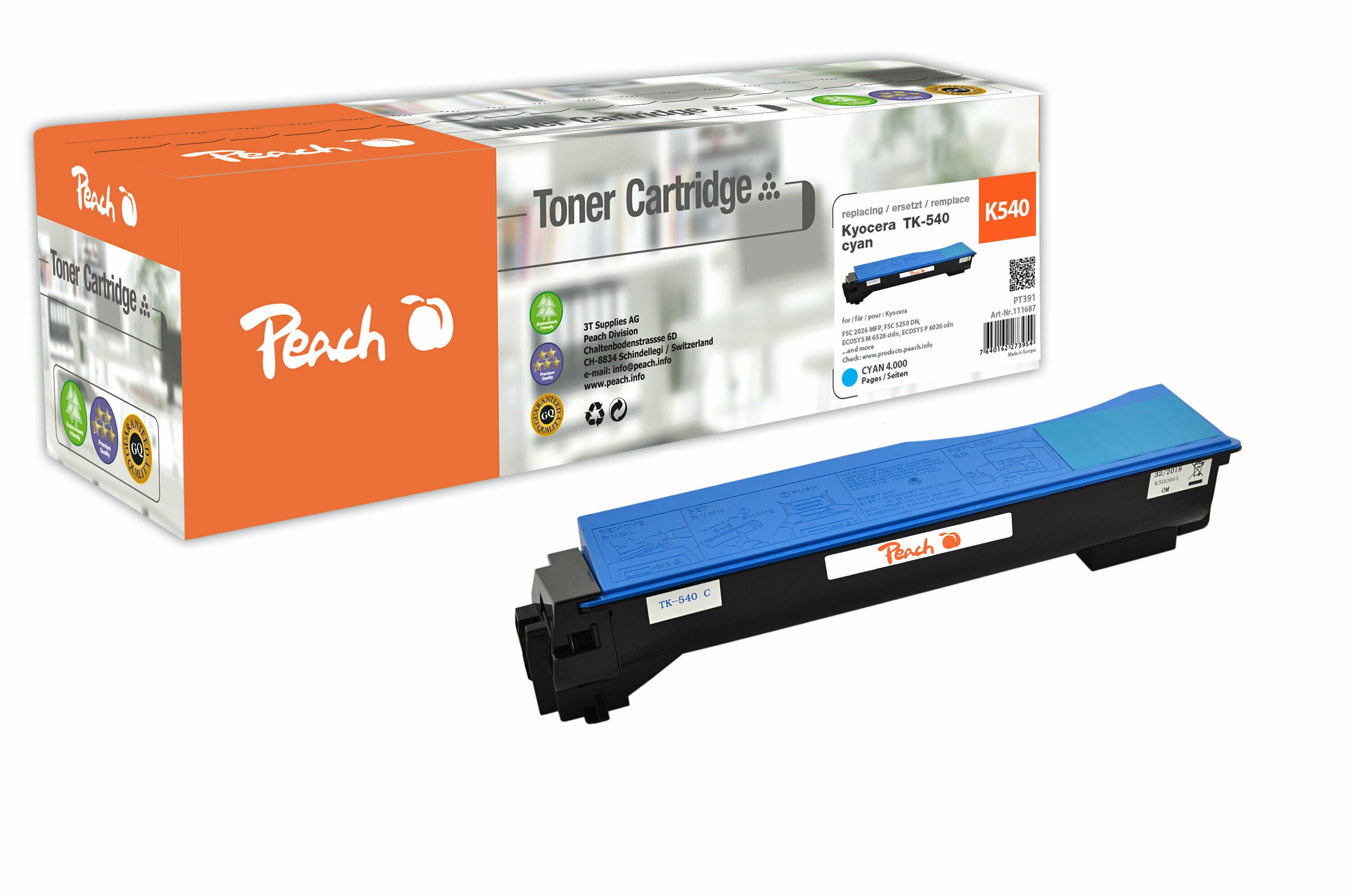 Peach K540 C Toner cy ersetzt Kyocera TK-540C für z.B. Kyocera FSC 5100 DN (wiederaufbereitet)