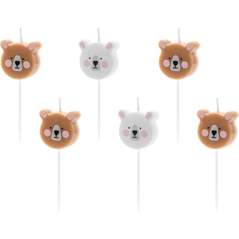 Partydeco Geburtstagskerzen Teddybär, 6 Stück, braun/weiss