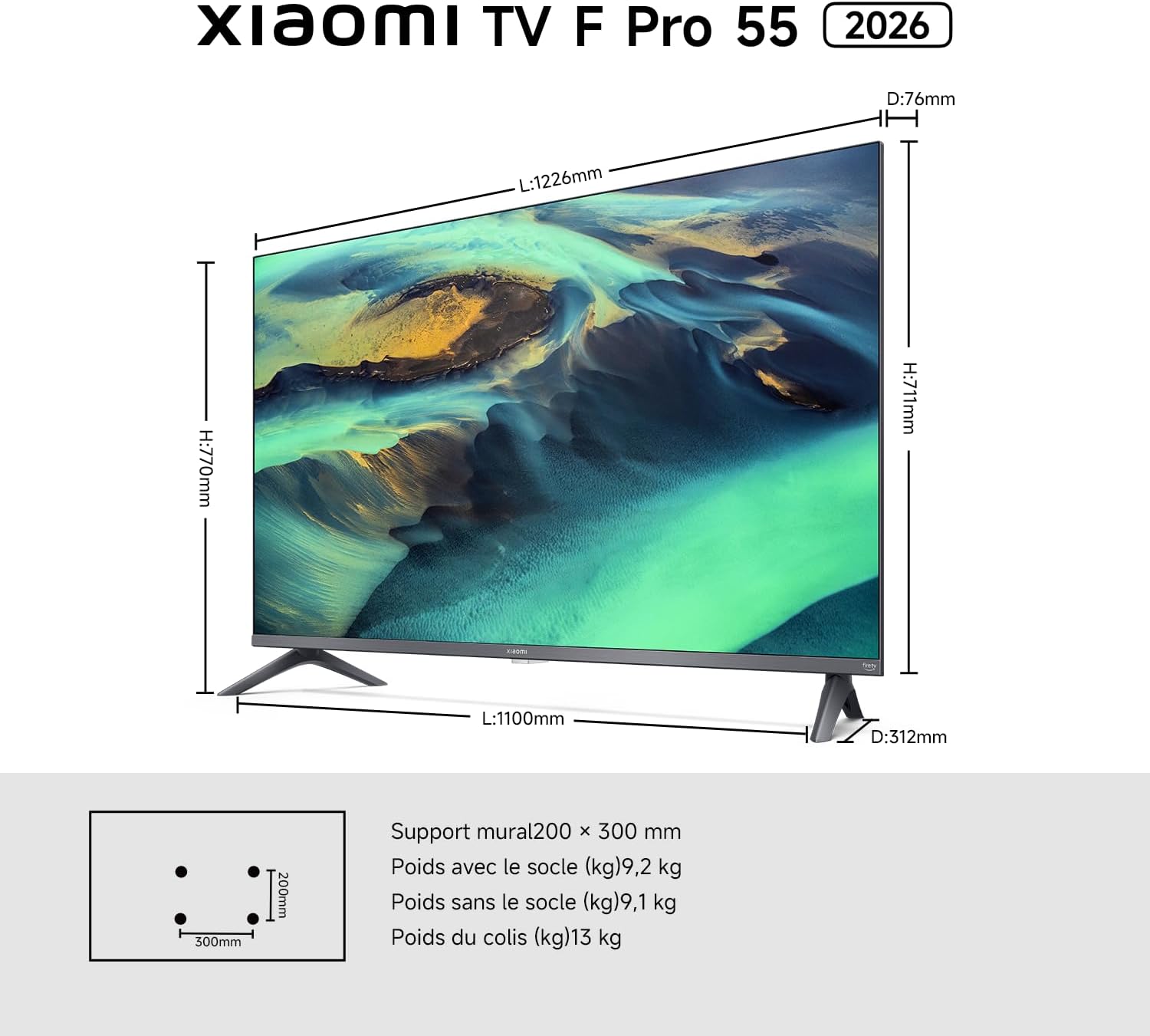 Xiaomi TV F Pro 55, 140 cm (55 Pouces), 4K UHD QLED, Smart TV, Fire TV, Contrôle Vocal Alexa, HDR10+, Mode Game Boost 120Hz, MEMC, 2Go+32Go, Compatible avec AirPlay [Classe énergétique G]