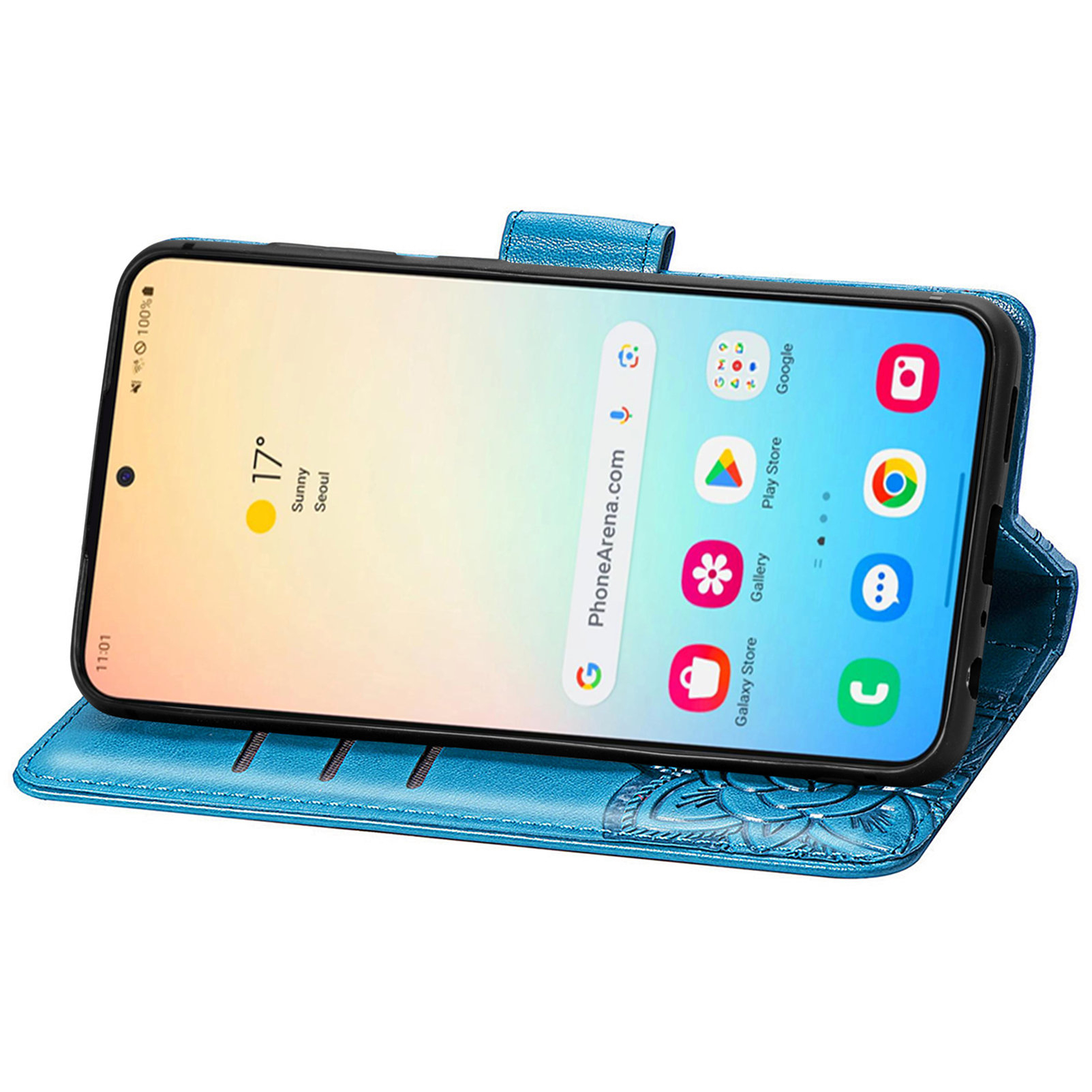 Samsung Galaxy S25 Leder Tasche Flip Cover Schmetterlinge Imprint - Blau