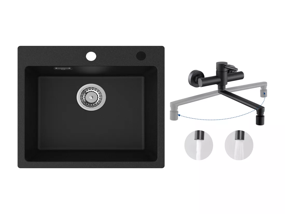 Cecipa MAX Evier 1 Bac 50x45cm Evier en Quartz et Résine Evier à Encastrer + Mitigeur de Cuisine Mural avec 2 Jets Noir