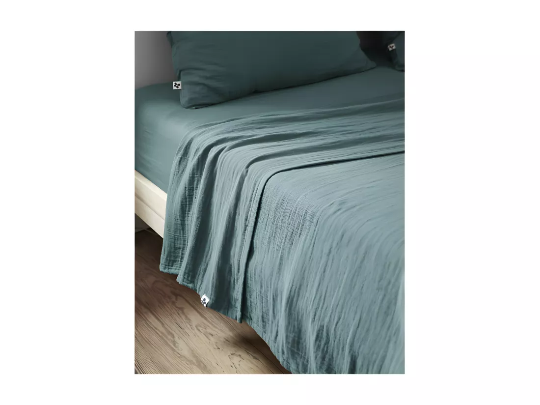 Drap plat 240 x 300 cm en double gaze de coton bleu canard - PEPA