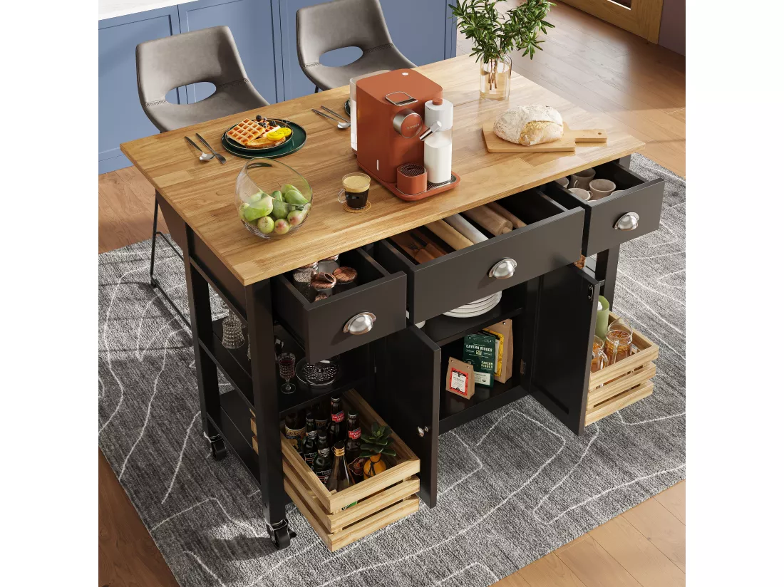 Ilot central de cuisine mobile avec 3 tiroirs, 2 portes et panier de rangement - plateau extensible - 120x45/73x90 cm - Bois MDF - Noir