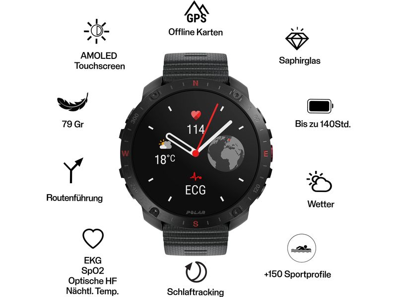 POLAR Sportuhr Grit X2 PRO Schwarz, M/L Sportuhr mit optischer Pulsmessung und Smartwatch-Navigation