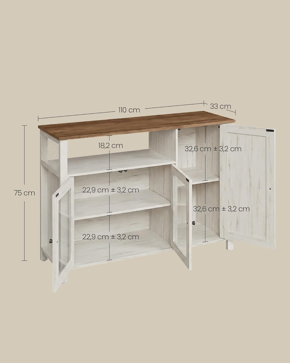 VASAGLE Sideboard, Küchenschrank, Aufbewahrungsschrank, mit 3 Türen, für Wohnzimmer, Küche, Esszimmer, 33 x 110 x 75 cm, Landhausstil, honigbraun-vintageweiß LSC096WJ02