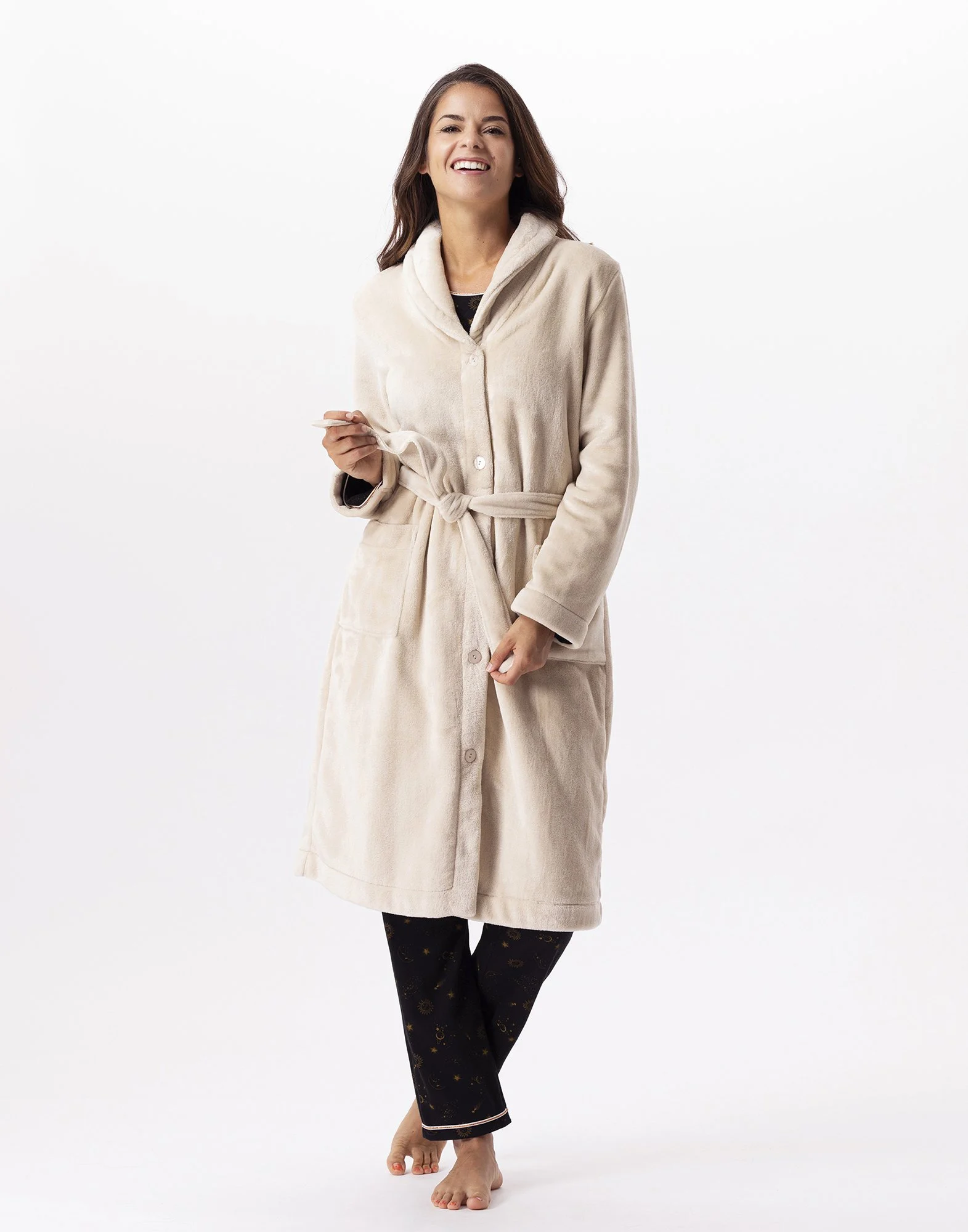 ESSENTIEL H51B - Robe de chambre en peluche flanelle | Beige