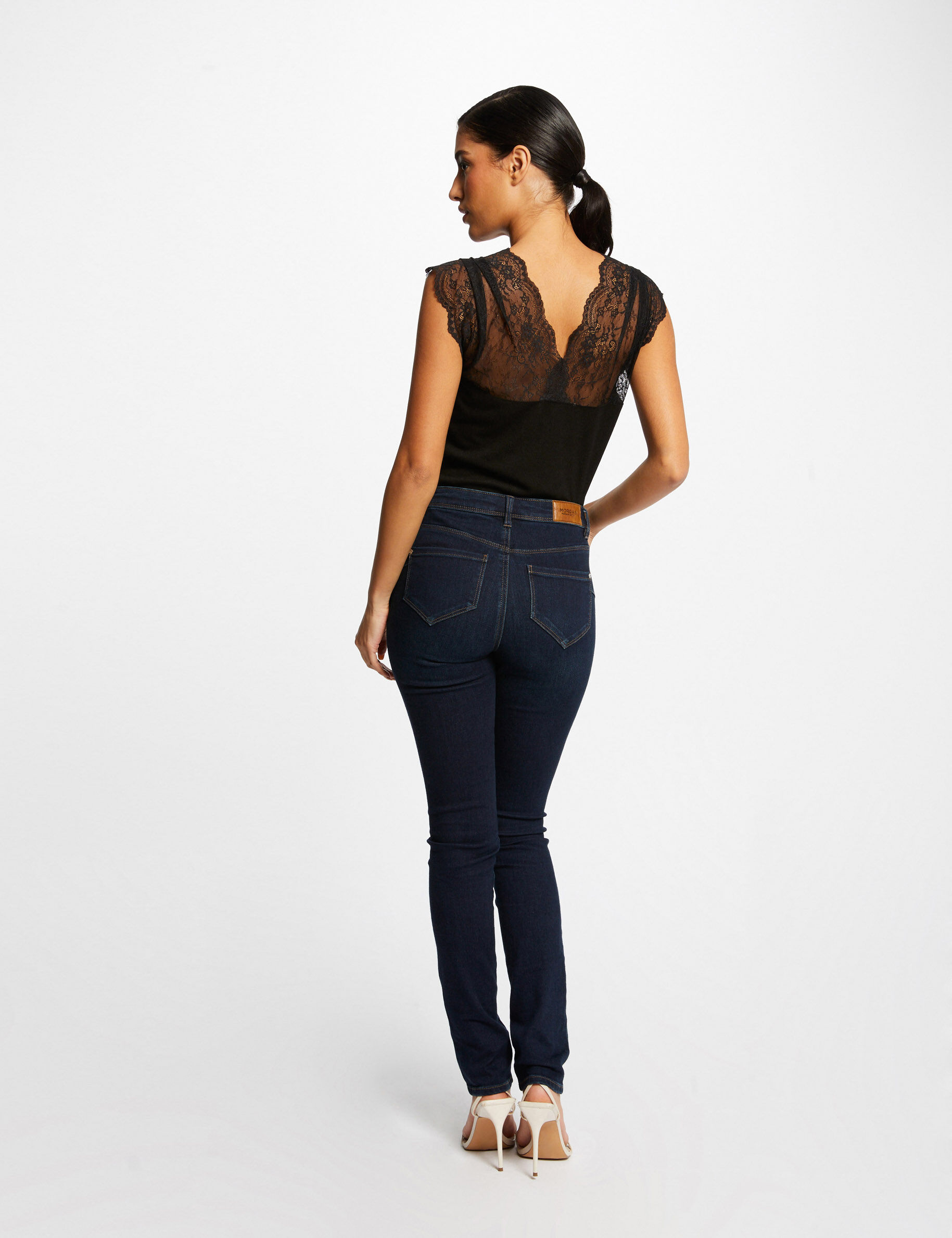 T-shirt manches courtes avec dentelle noir femme - noir