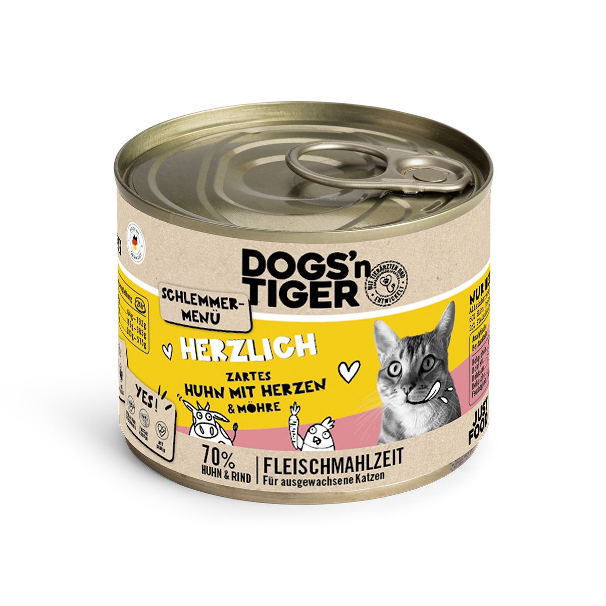 Dogs’n Tiger Adult, Katzenfutter, Herzlich, Nassfutter, Getreidefrei, Huhn, Rinderherzen & Karotte
