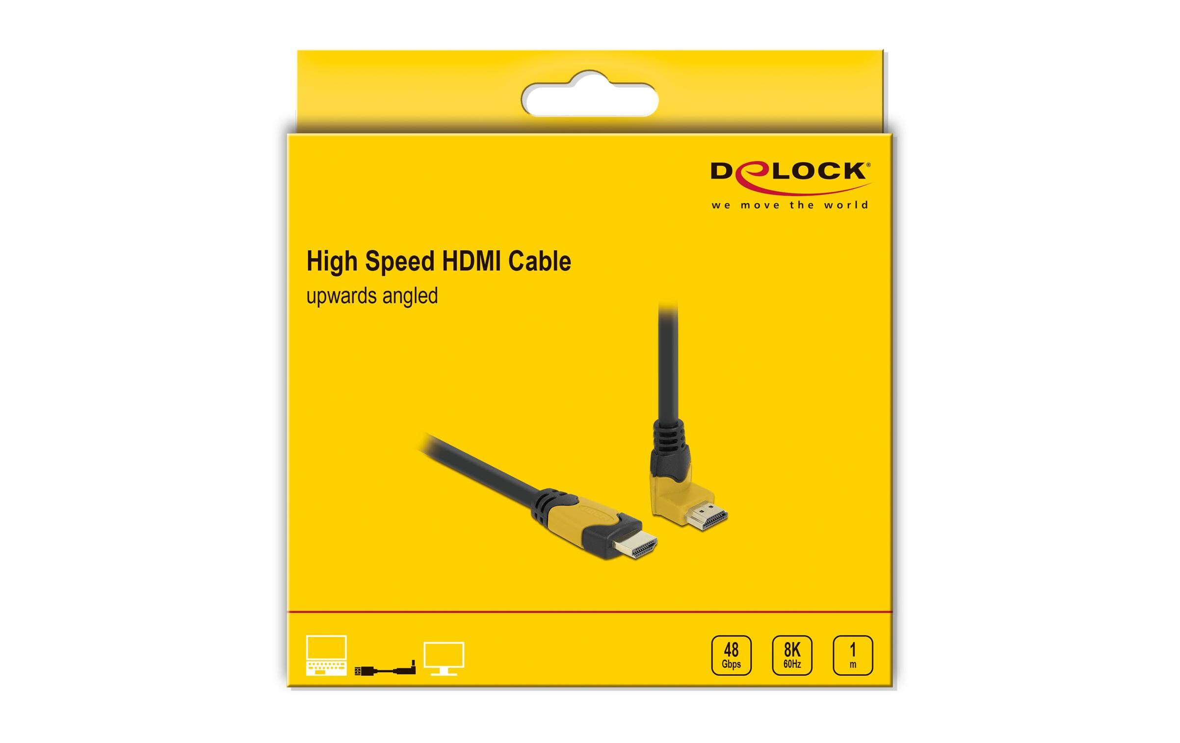 Kabel Oben gewinkelt 8K 60Hz HDMI - HDMI, 1 mDelock High Speed HDMI Kabel Stecker gerade zu Stecker 90° oben gewinkelt 48 Gbps 8K 60 Hz 1 m