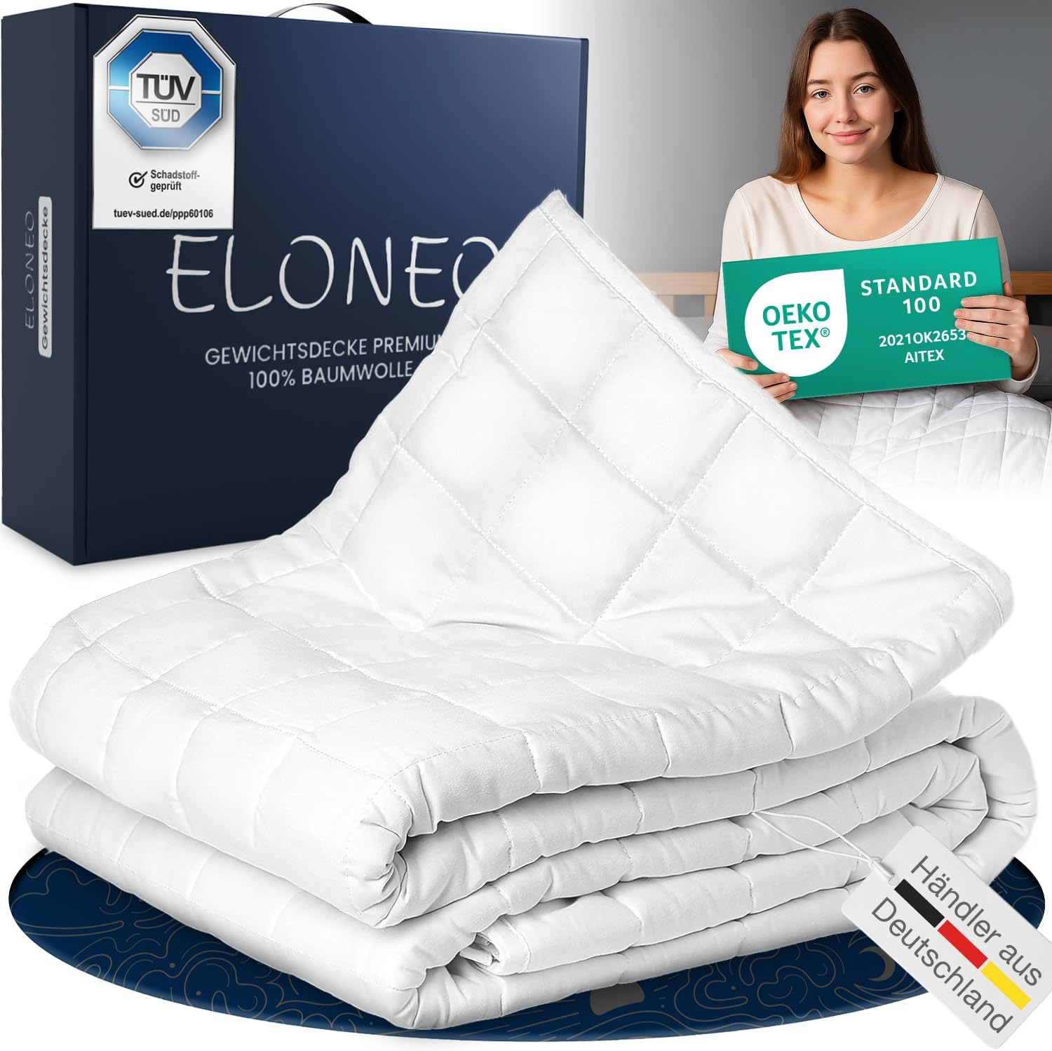 ELONEO NEU Gewichtsdecke 200x200 cm mit 11 kg, TÜV und Oeko-Tex Zertifiziert, Weighted Blanket aus 100% Baumwolle, Entspannungsdecke & Anti-Stress Therapiedecke, schwere Decke zum Schlafen