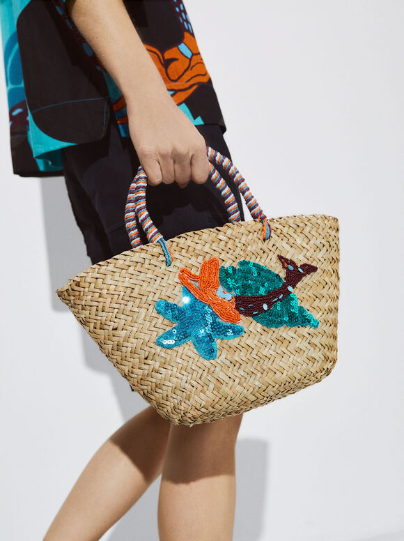 Bolsa de palha com miçangas e lantejoulas - Crua