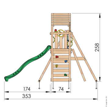 Speeltoestel Jungle Gym Cocoon douglas met glijbaan donker groen en 2-schommel module
