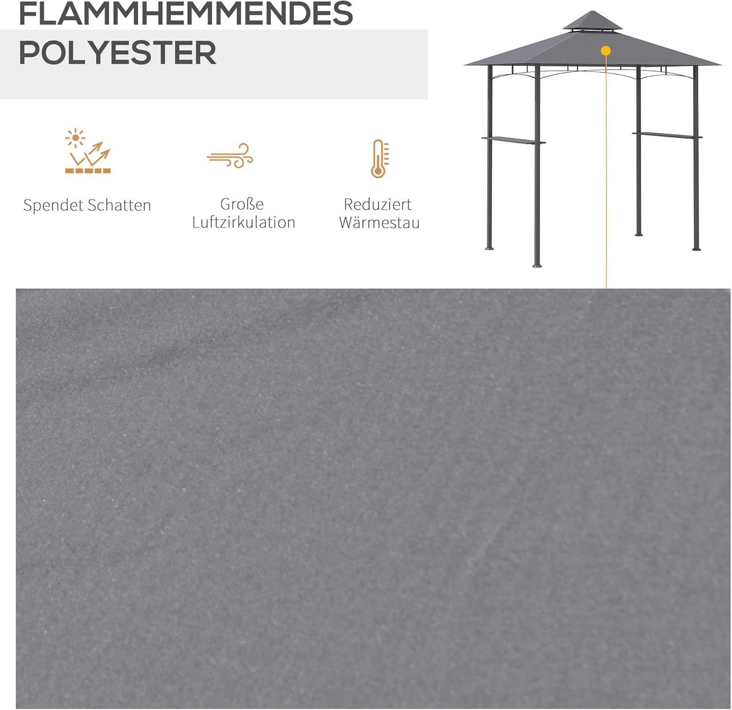 Outsunny Grillpavillon Gartenzelt Grill Pavillon Balkonpavillon mit Ablagen Flammhemmendes Doppeldach Grau 245 x 148 x 252 cm