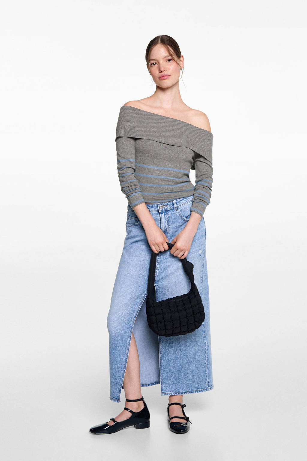 MANGO TEEN gebreide offshoulder trui grijs/lichtblauw