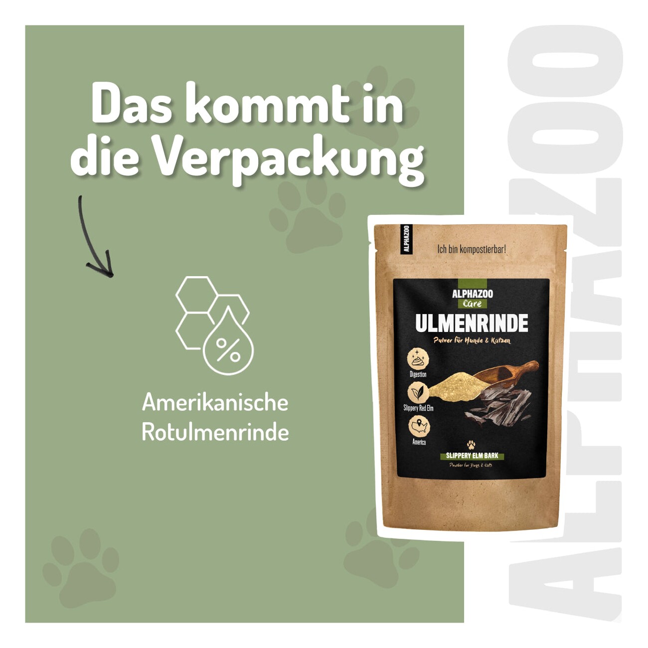 ALPHAZOO Ulmenrinde Pulver für Hunde & Katzen I Amerikanische Slippery Elm Bark 120 g