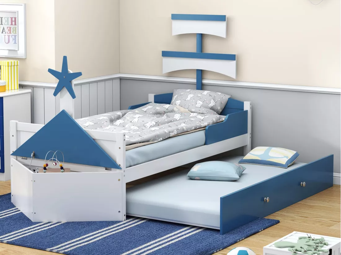 Lit enfant 90x200cm en bois - avec lit gigogne 90x190cm et une coffre - en forme de voilier - Bleu