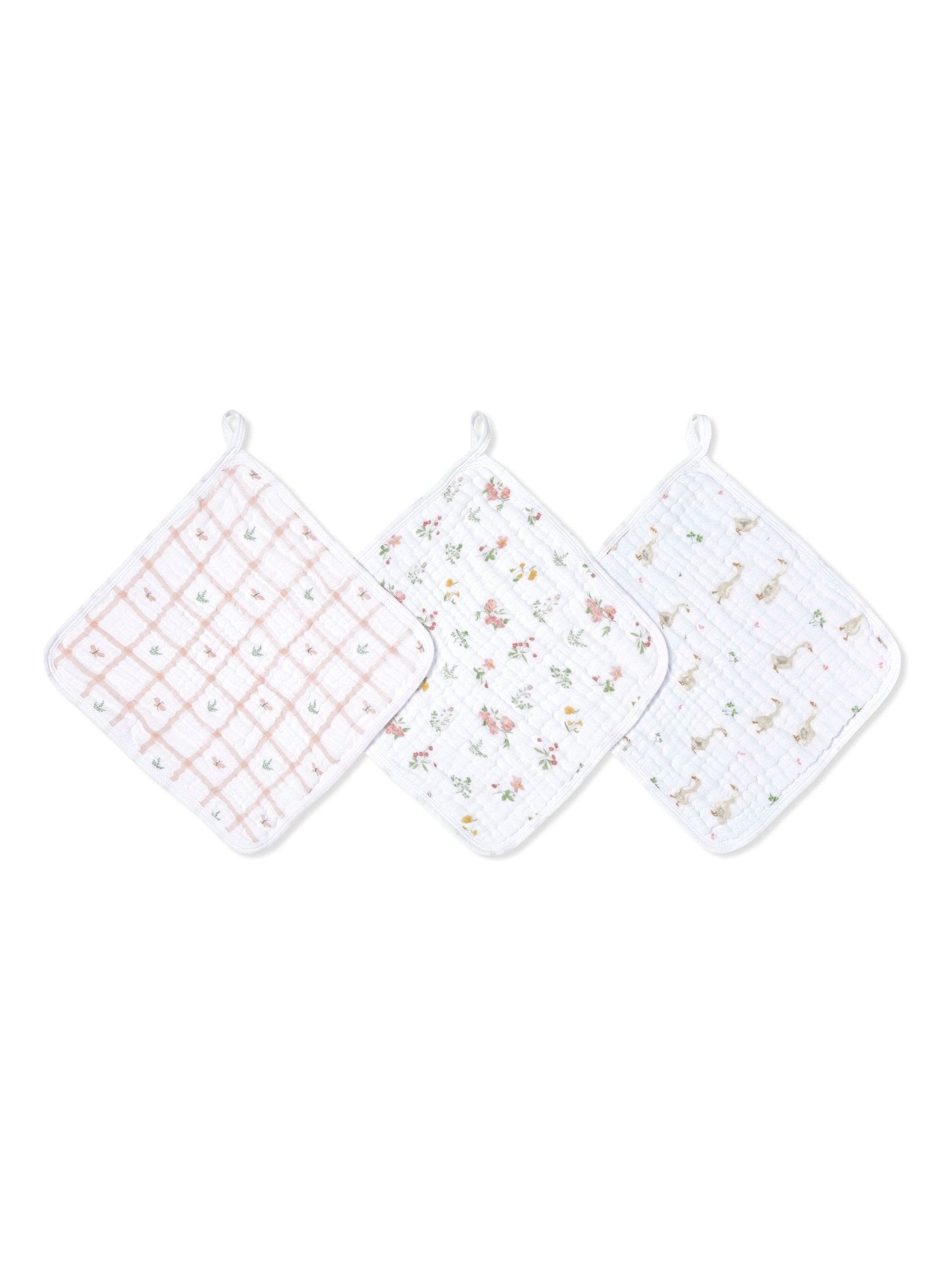 aden + anais Essentials Country Floral set van 3 katoenen mousseline washandjes, 100% katoen