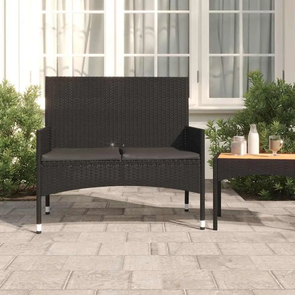 vidaXL - Tuinbank 2-zits - Zwart - Poly rattan - Met zwart kussens
