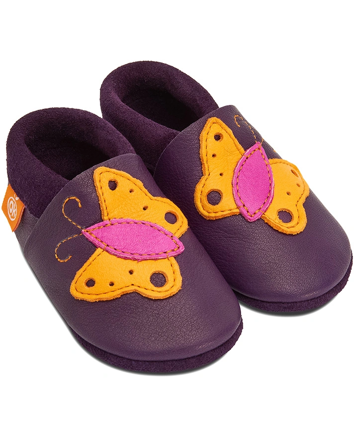 Leder-Hausschuhe BUTTERFLY DER SCHMETTERLING in aubergine