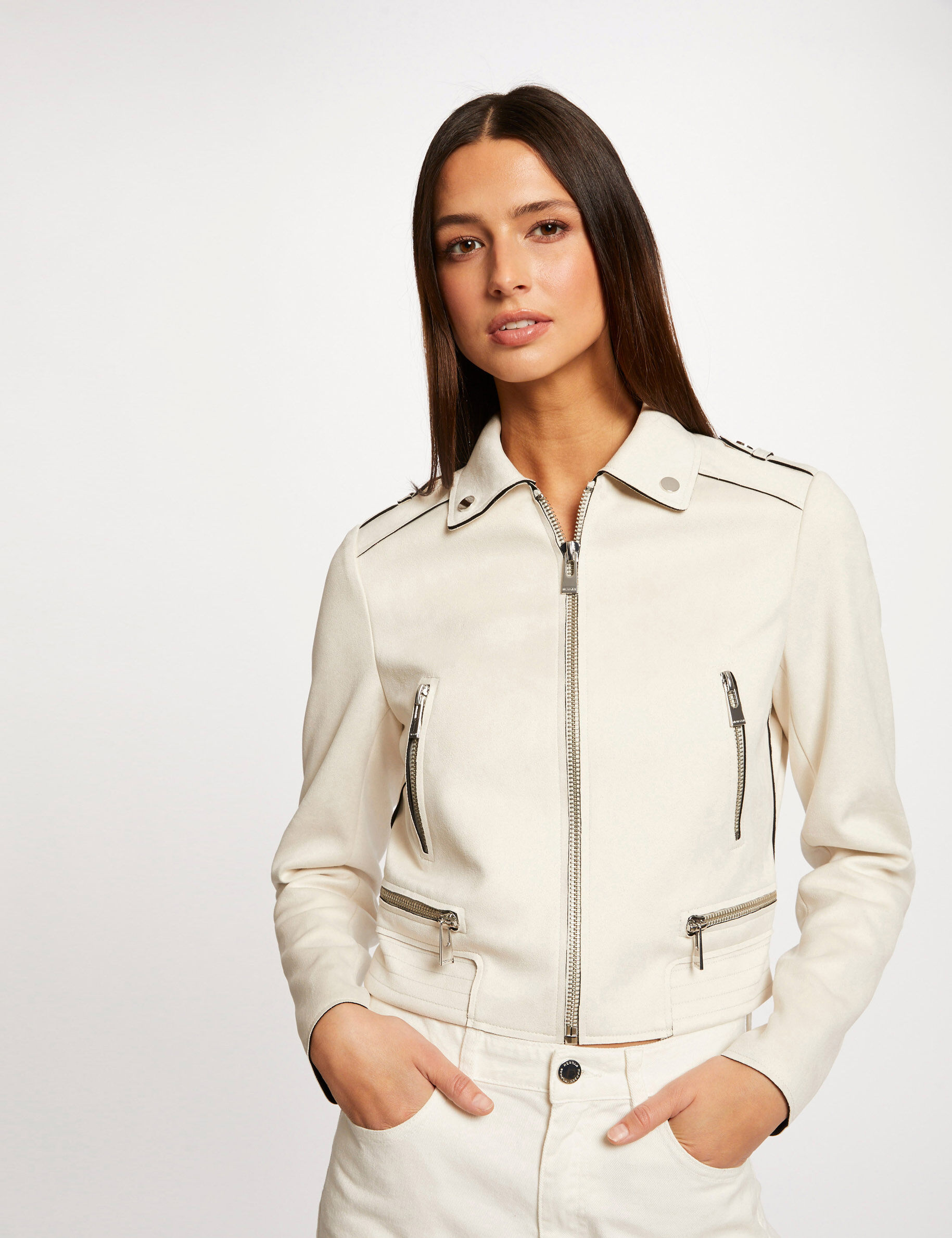 Blouson droit aspect suédine ecru moyen femme - ecru_moyen