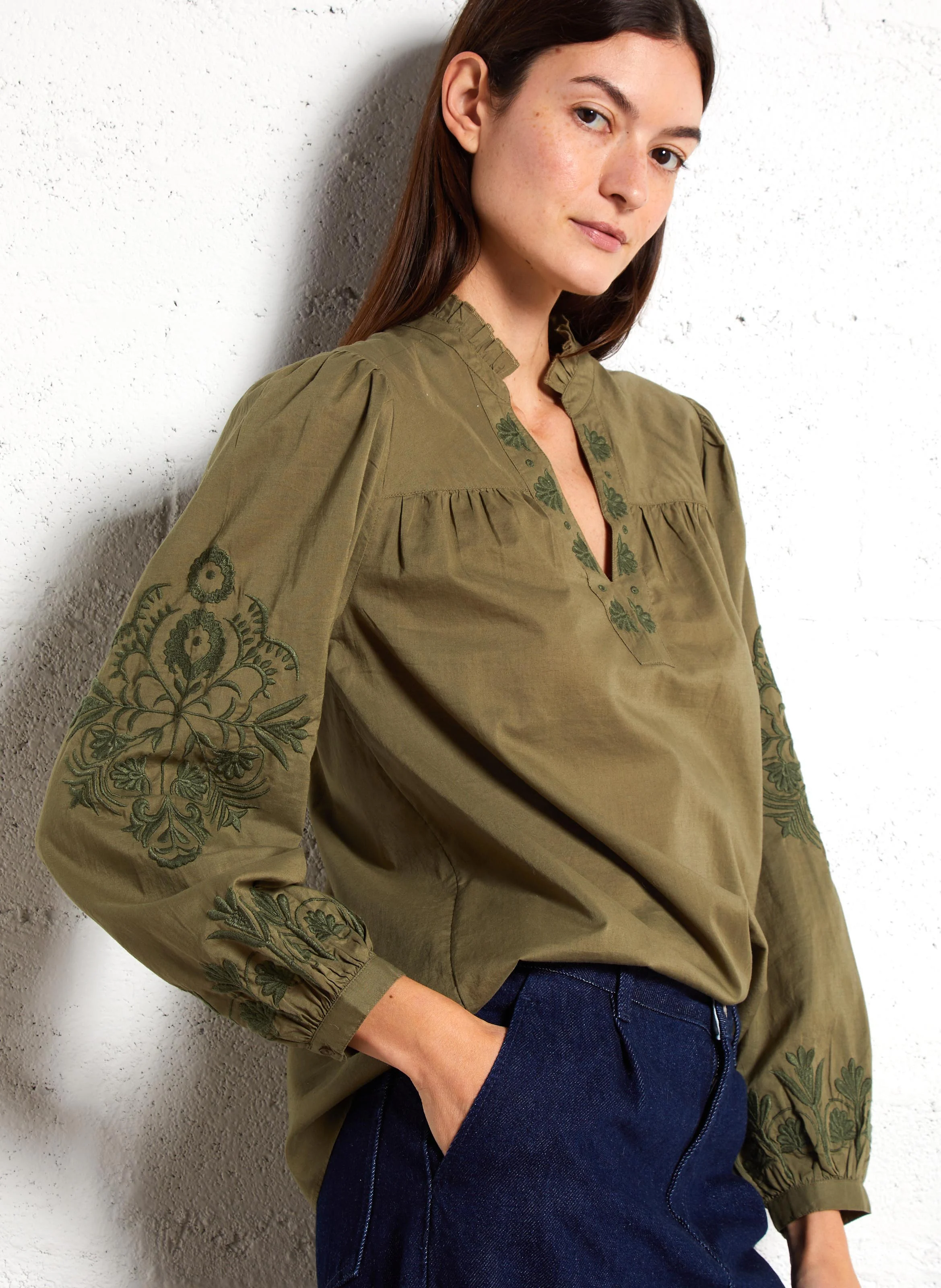 TEFITIS - Blouse col V ample en coton brodé | Vert