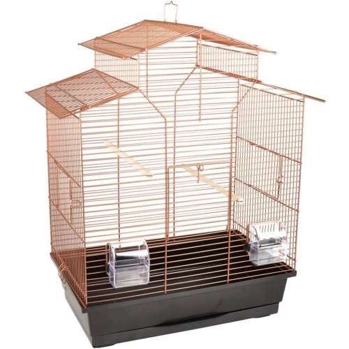 Gaiola de metal para pássaros com 3 portas, cor cobre.