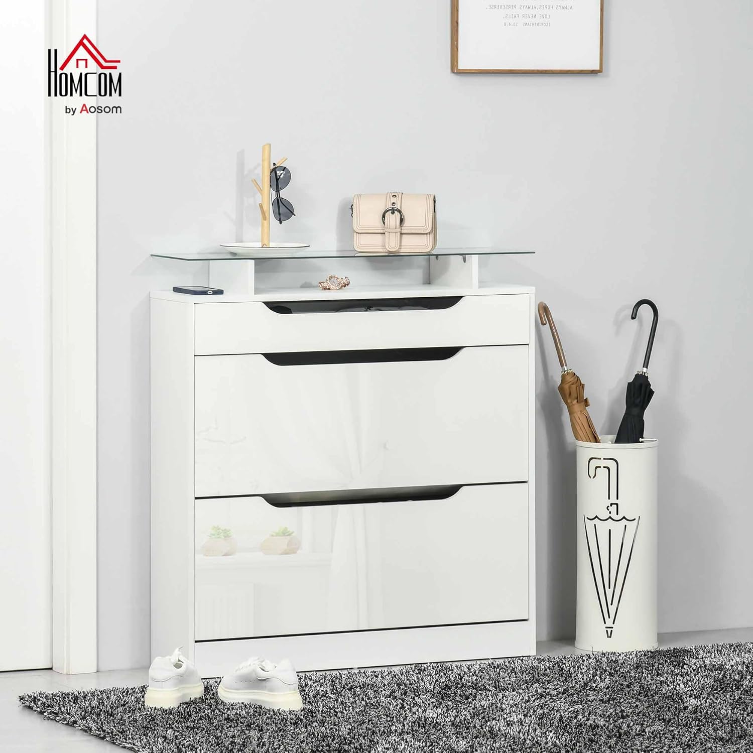 HOMCOM Armoire à Chaussures avec 2 tiroirs rabattables + 1 tiroir Coulissant + 1 comptoir et 1 Plateau en Verre étagère réglable sur 2 Niveaux 89 x 23 x 96 cm Blanc RU5141001