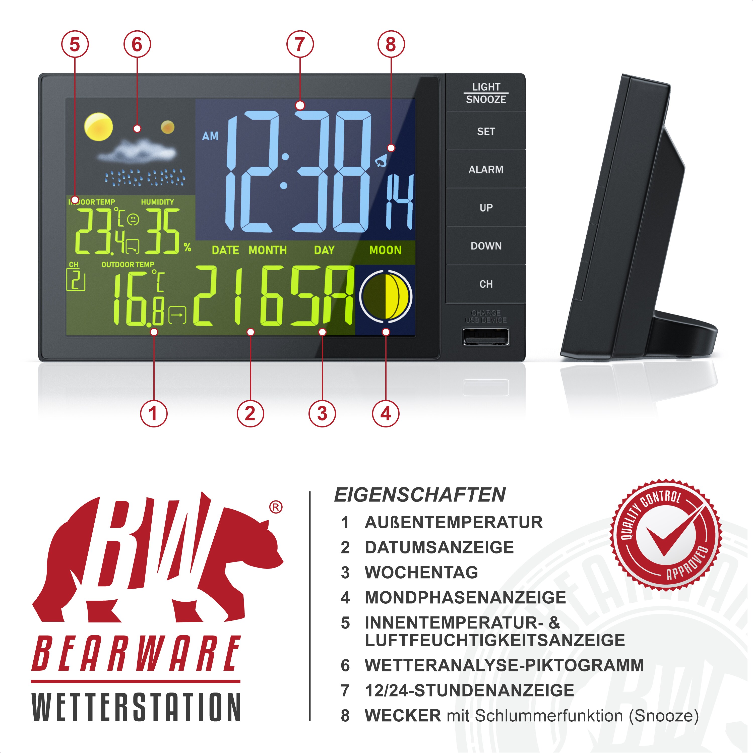BEARWARE Funkwetterstation Innen und Außen mit Außensensor - DCF Signal Funkuhr - Farbdisplay - Thermometer - Hygrometer