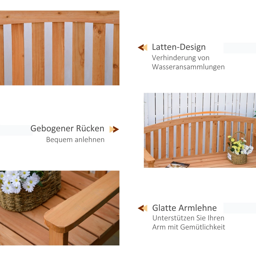 Outsunny Gartenbank mit Rücken- & Armlehnen natur