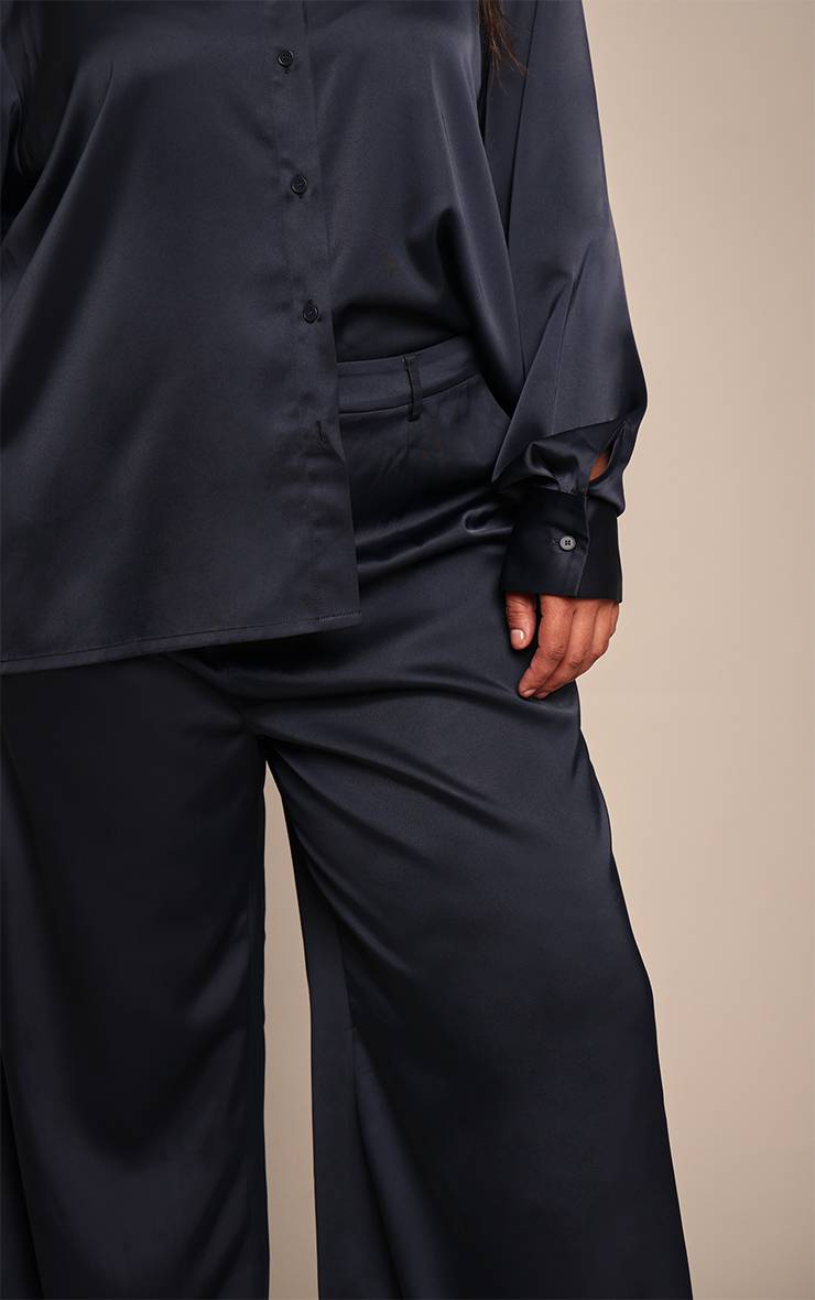 Noir Pantalon Large Taille Haute En Satin Froissé Grande Taille
