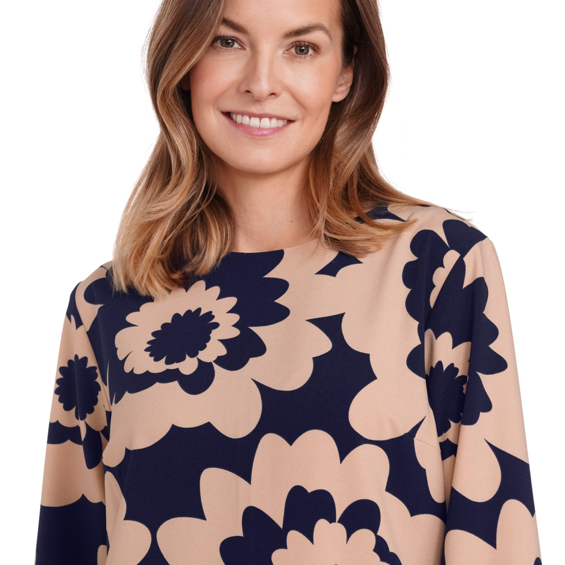 Gina Benott Damen Kleid mit Blumen-Allover beige / dunkelblau