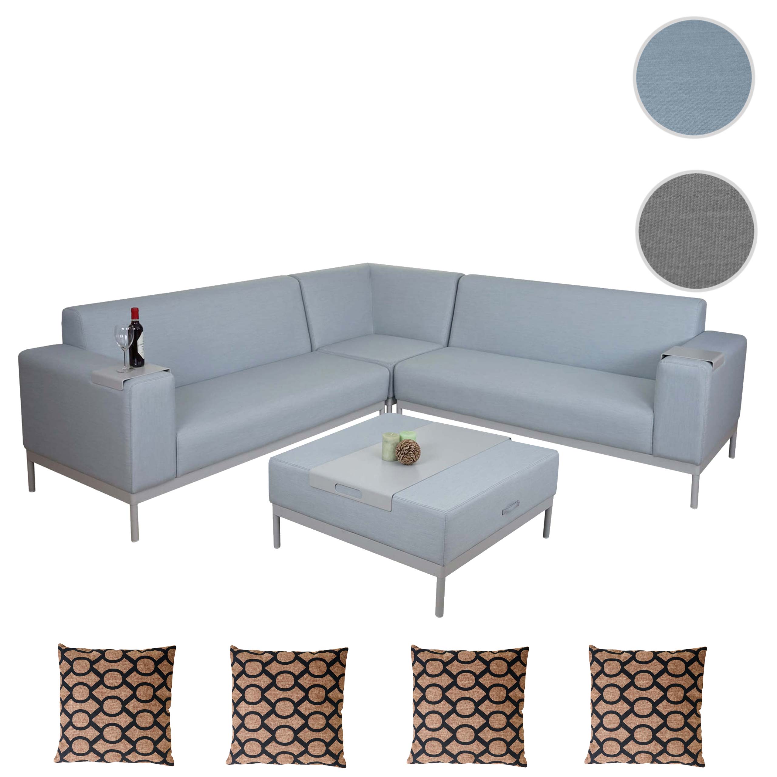 Alu-Garten-Garnitur MCW-C47, Sofa, Outdoor Stoff/Textil ~ blau mit Ablage, Kissen braun