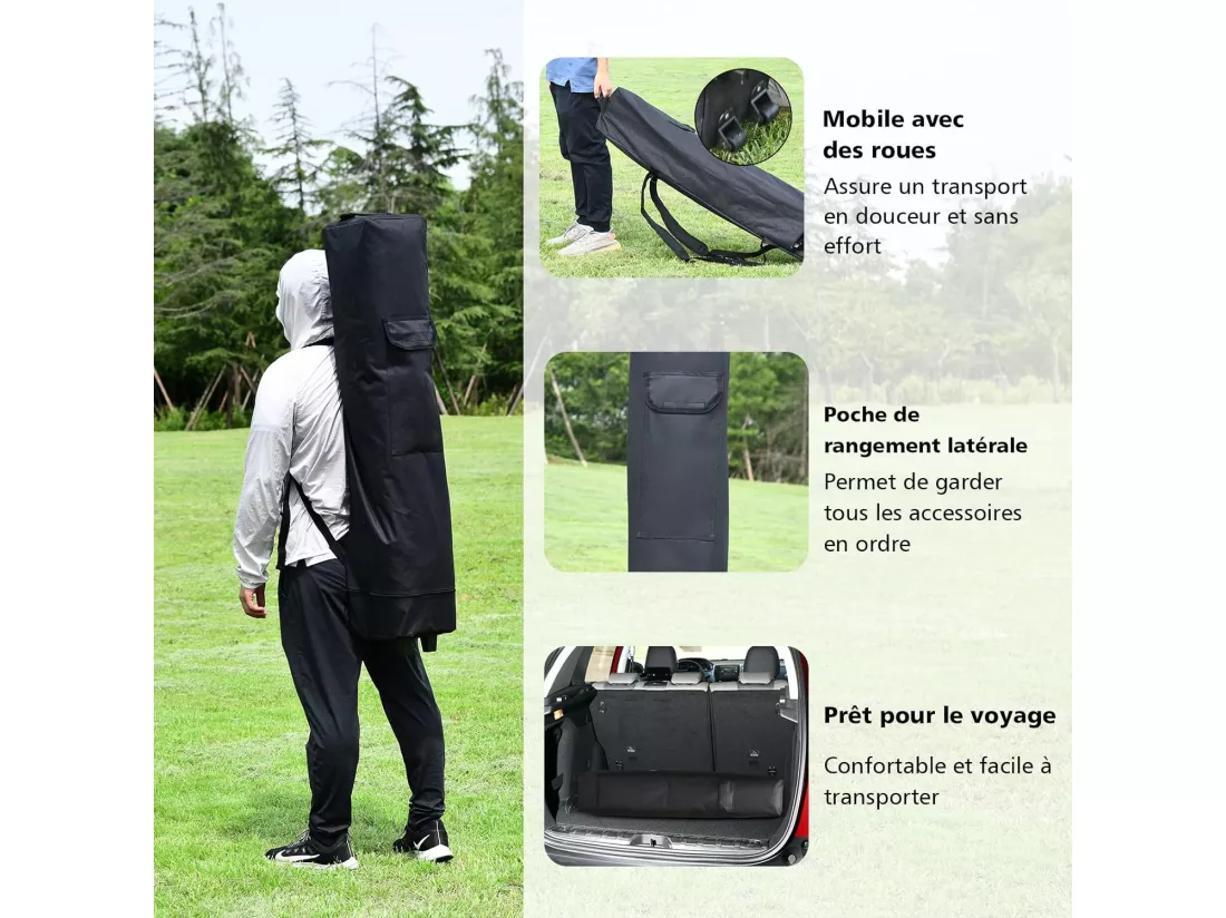 Tonnelle de Jardin 3x3m Pliable-Hauteur Réglable avec Parois Latérales Amovibles et Sac à Dos à roulettes- Auvent pour CamBoisg, Festival, Plage,Gris