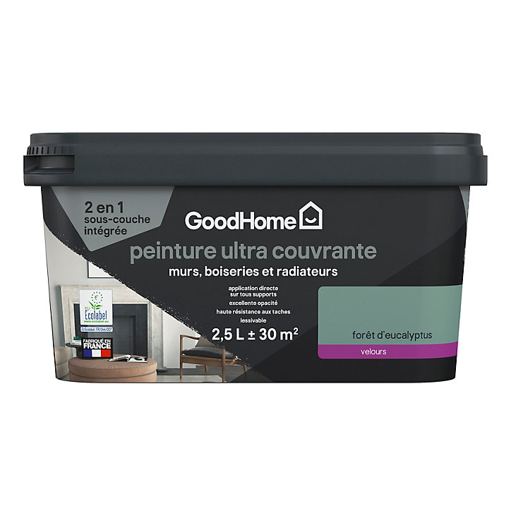 Peinture couleur 2 en 1 velours GoodHome forêt eucalyptus 2,5L