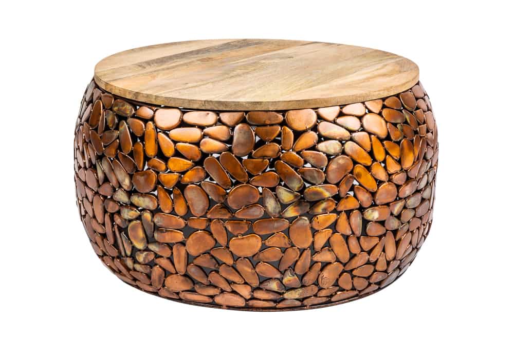 2er Set Runde Couchtische STONE MOSAIC 65cm kupfer Mangoholz Metall Mosaik Design handmade